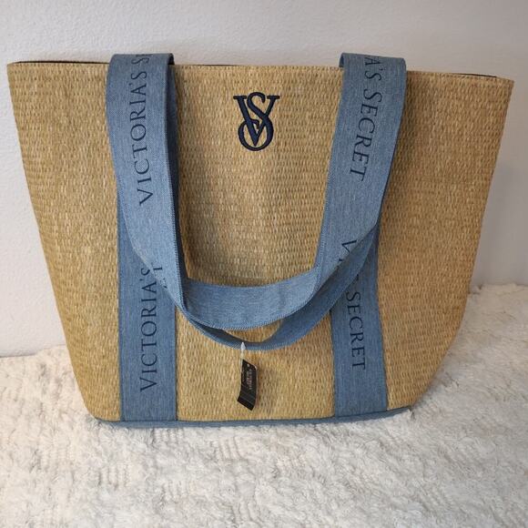 VICTORIA'S SECRET ~ New! NWT ~ Lage Straw Raffia Weekender Beach Tote w/ Denim - Picture 1 of 8